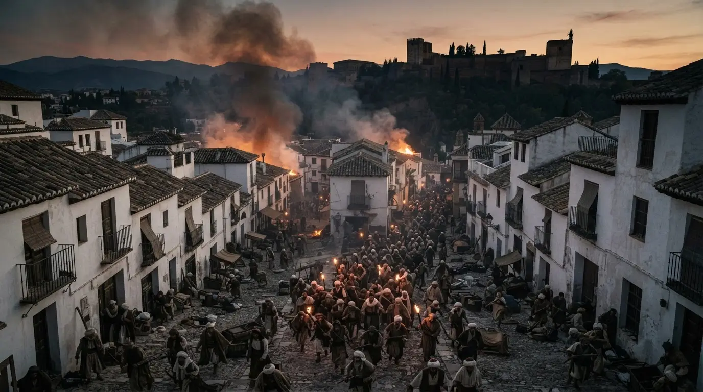 1066 Granada massacre scene in Jewish history: a mob attacking the Jewish quarter of Nasrid-era Granada at dusk, the Alhambra hill silhouetted in the background, smoke rising over whitewashed rooftops, sombre red and amber tones