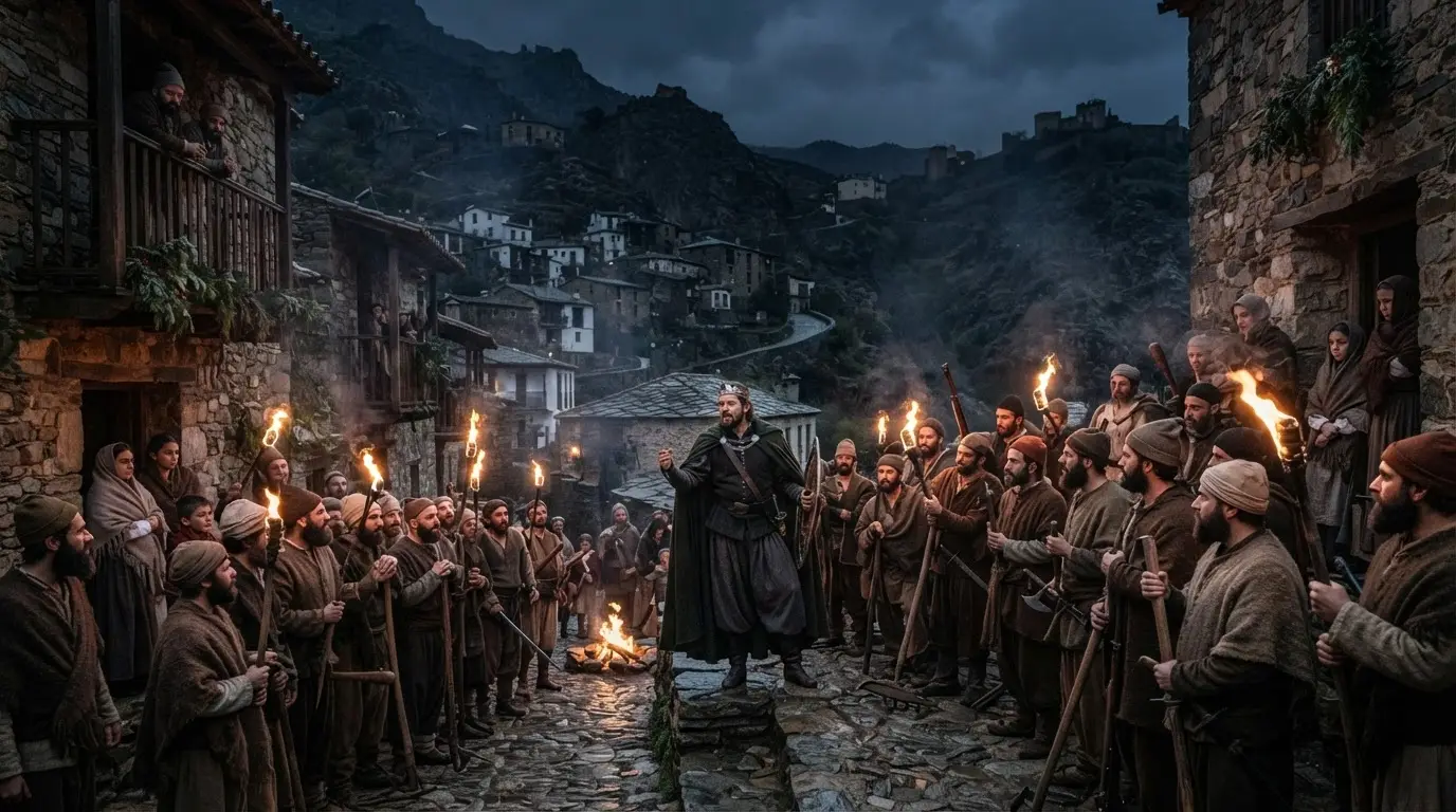 Aben Humeya morisco rebellion alpujarras 1568 depicted as a Morisco rebel leader in period dress on a mountain ridge above the Alpujarras, dramatic evening light over the Sierra Nevada foothills, historical illustration mood