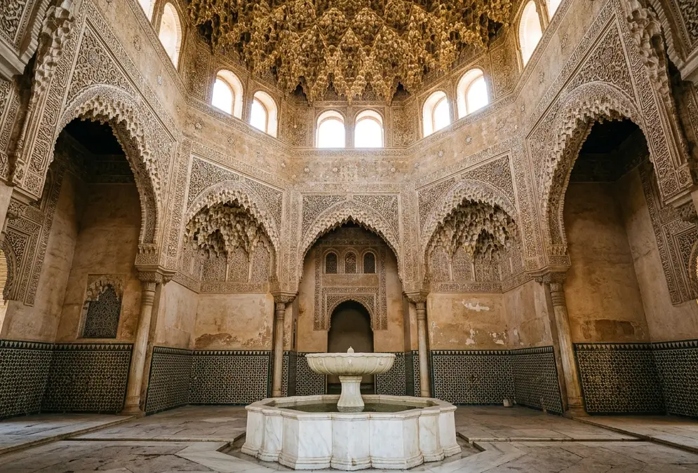 Interior of the Sala de los Abencerrajes Alhambra Granada, a key site in Abencerrajes Granada history, looking up at the octagonal muqarnas honeycomb stalactite ceiling rising above the twelve-sided central marble fountain, shafts of light filtering through high windows, warm stone walls with geometric tile dadoes below carved stucco friezes