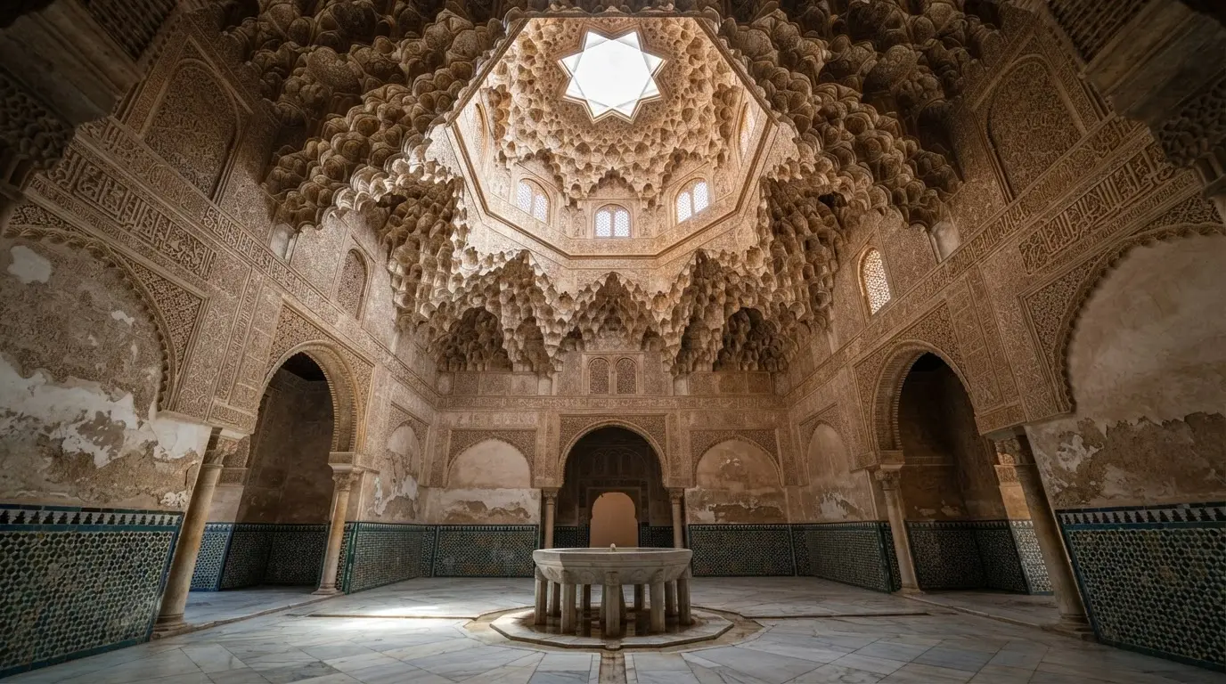 Interior of the Sala de los Abencerrajes Alhambra Granada, a key site in Abencerrajes Granada history, looking up at the octagonal muqarnas honeycomb stalactite ceiling rising above the twelve-sided central marble fountain, shafts of light filtering through high windows, warm stone walls with geometric tile dadoes below carved stucco friezes