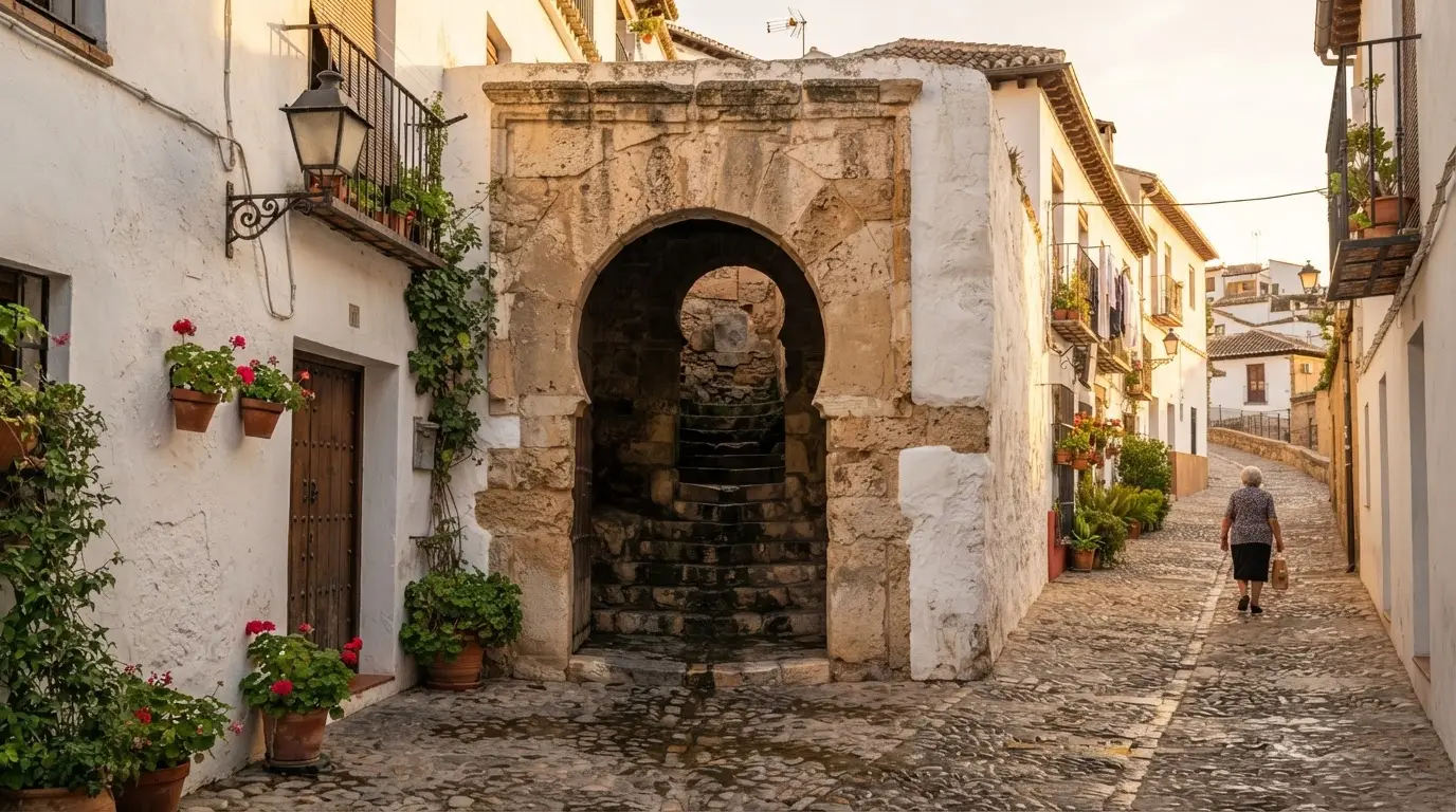 Entrance archway of the Aljibe del Rey medieval cistern in the Albaicín, Granada, Spain, whitewashed walls and narrow cobbled street catching warm late-afternoon light, the albaicin aljibes cisterns granada stone arch in close detail