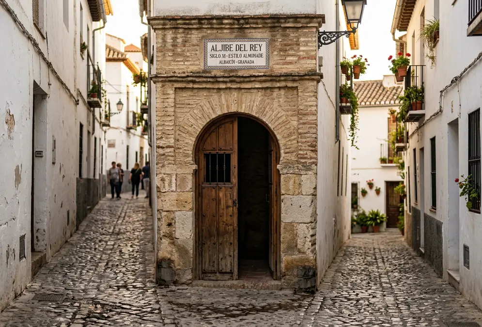 Entrance archway of the Aljibe del Rey medieval cistern in the Albaicín, Granada, Spain, whitewashed walls and narrow cobbled street catching warm late-afternoon light, the albaicin aljibes cisterns granada stone arch in close detail