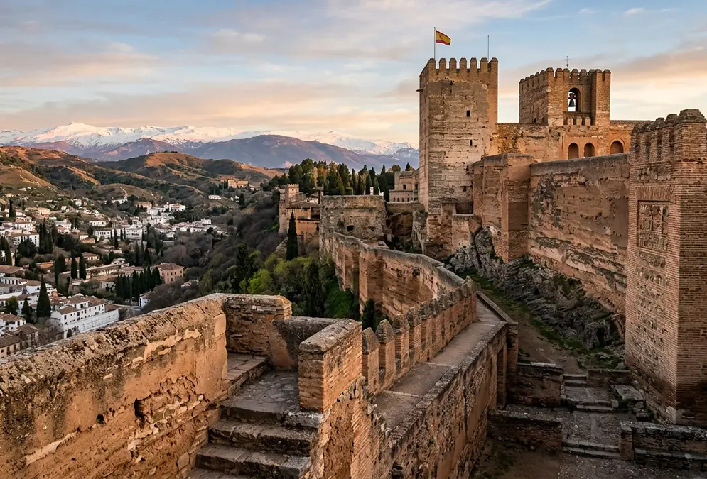 Weathered rammed-earth ramparts of the Alcazaba fortress in Granada at dawn, tracing the fortress's construction history beneath the Torre de la Vela with the Sierra Nevada beyond