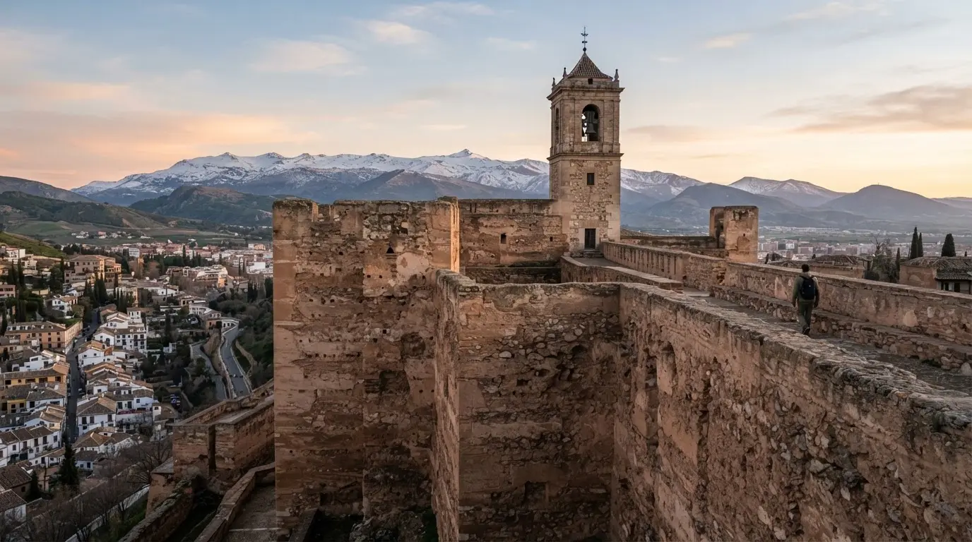 Weathered rammed-earth ramparts of the Alcazaba fortress in Granada at dawn, tracing the fortress's construction history beneath the Torre de la Vela with the Sierra Nevada beyond