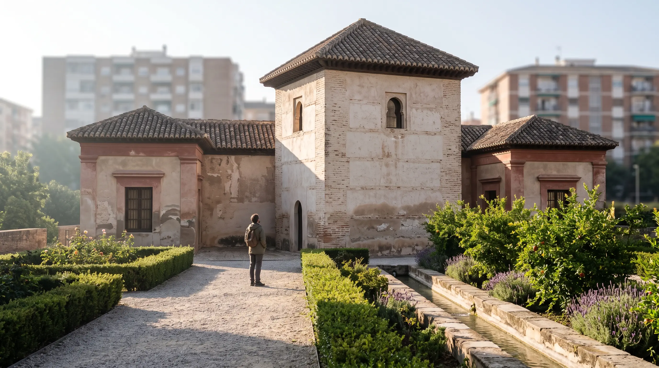 Alcazar Genil Granada: central qubba between two lateral pavilions behind a restored Andalusi garden of myrtle, lavender and pomegranate trees, soft morning light