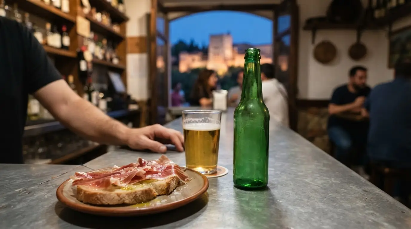 Alhambra beer history: a slim green embossed Reserva 1925 bottle on a Granada bar counter, the Alhambra's red walls glowing behind at dusk
