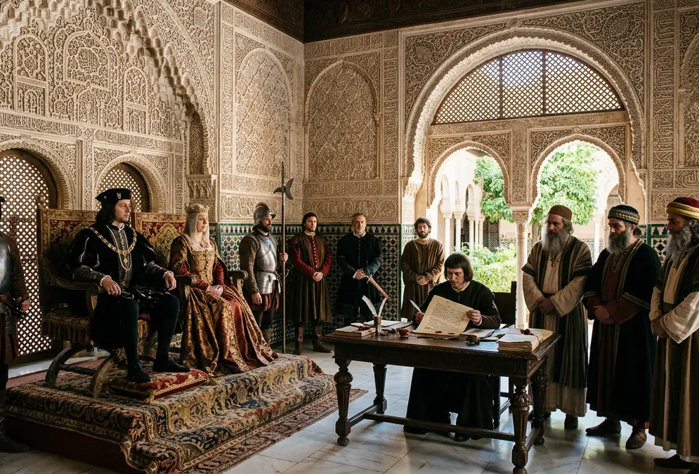The Alhambra palace's ornate Islamic architecture, where the Alhambra Decree was signed in 1492, Granada, Spain