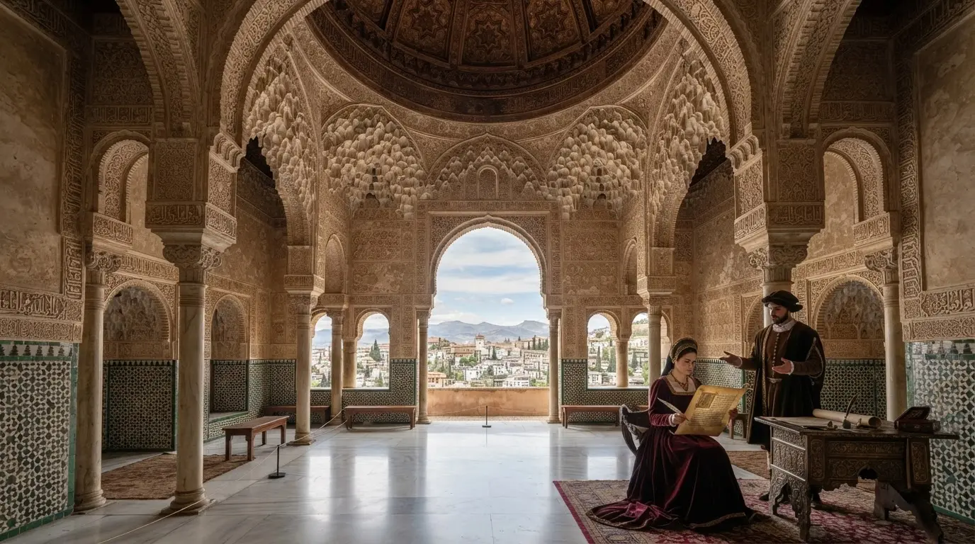 The Alhambra palace's ornate Islamic architecture, where the Alhambra Decree was signed in 1492, Granada, Spain