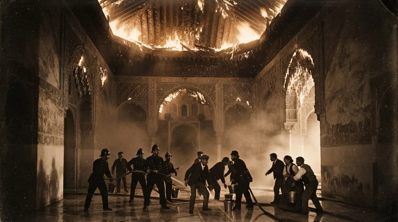 Golden-lit muqarnas dome of the Sala de la Barca inside the Alhambra's Comares Palace, the room gutted by the Alhambra fire of 1890 and rebuilt by 1965