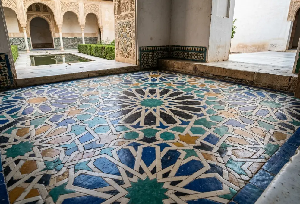 Intricate girih tile pattern from the Court of the Myrtles floor, Alhambra Granada, five-fold symmetry and interlocking geometric shapes, afternoon shadow creating depth across the tilework, Alhambra geometry architecture deep dive