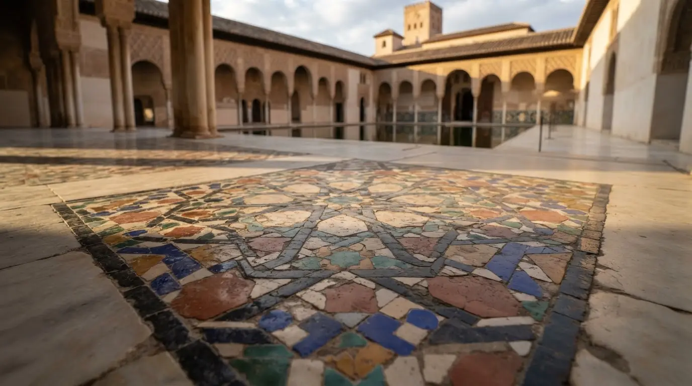 Intricate girih tile pattern from the Court of the Myrtles floor, Alhambra Granada, five-fold symmetry and interlocking geometric shapes, afternoon shadow creating depth across the tilework, Alhambra geometry architecture deep dive