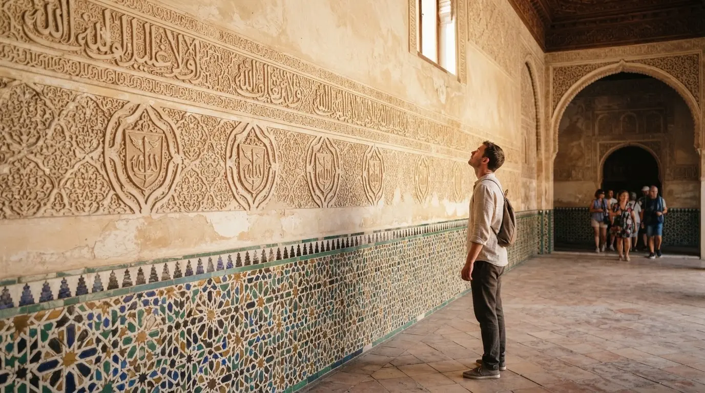 Visitor looks up at Alhambra inscriptions: a band of Arabic calligraphy above shield medallions and a tiled dado