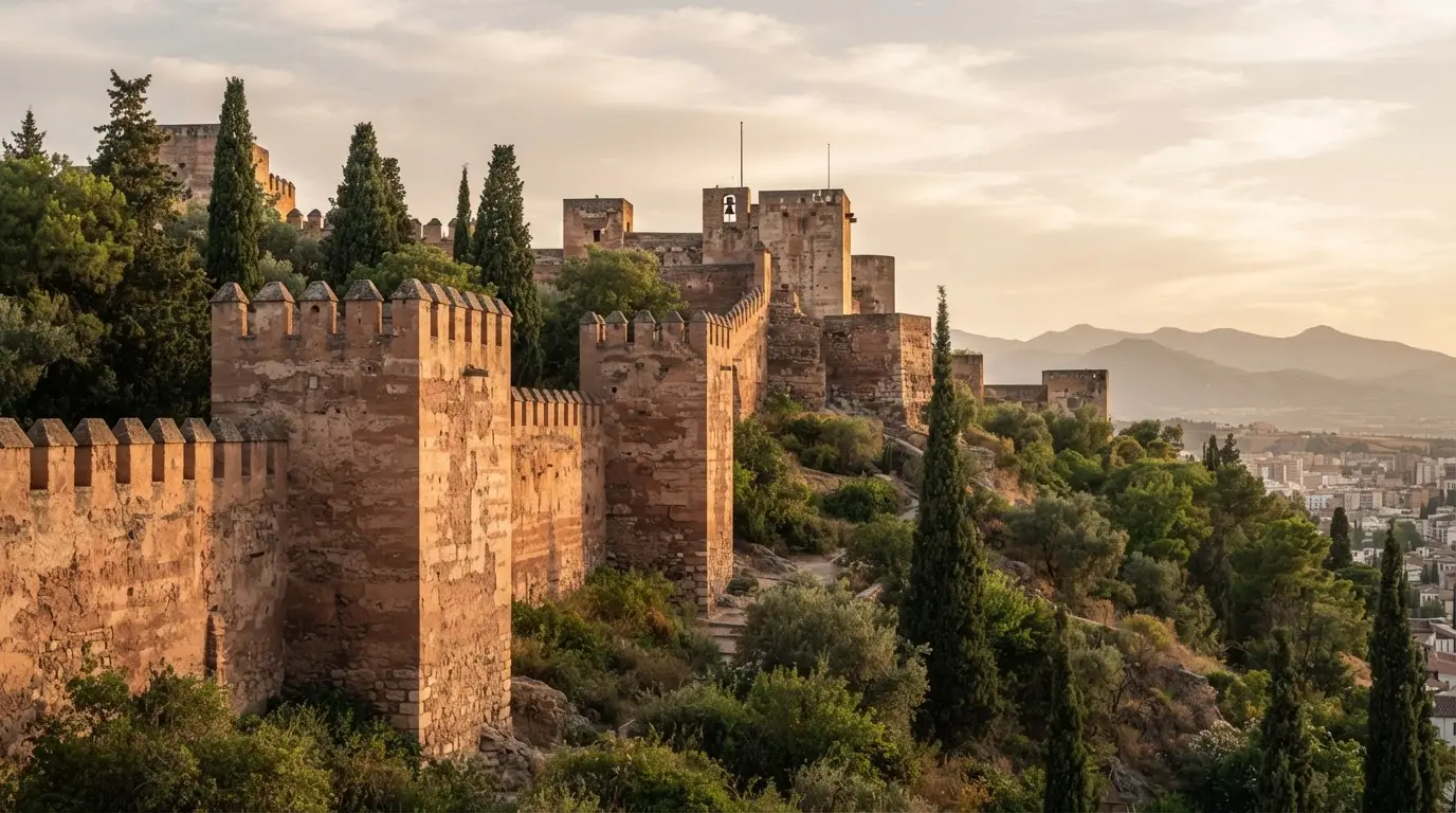 Alhambra name meaning illustrated by the reddish rammed-earth fortress walls on Sabika Hill in warm late-afternoon light, with Granada below
