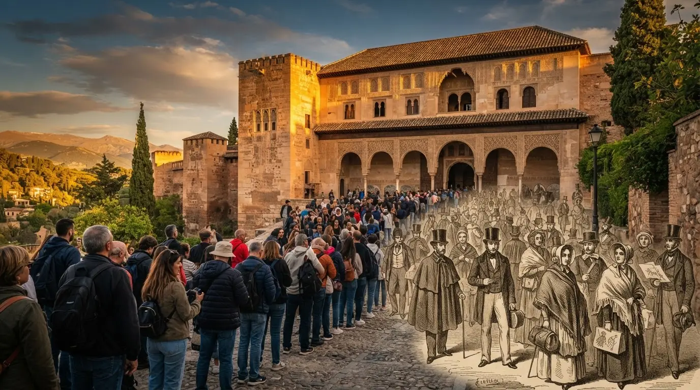 Golden-hour view across the Alhambra's Nasrid Palace courtyards and reflecting pools, a Romantic-era painterly atmosphere evoking the 19th-century pilgrimage that shaped today's Alhambra crowds