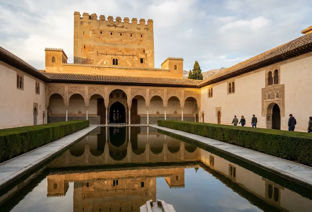 Exterior view of the Comares Tower rising above the Court of the Myrtles at the Alhambra Granada, the massive square tower reflected in the long rectangular pool, late afternoon light, Alhambra rooms history political meaning