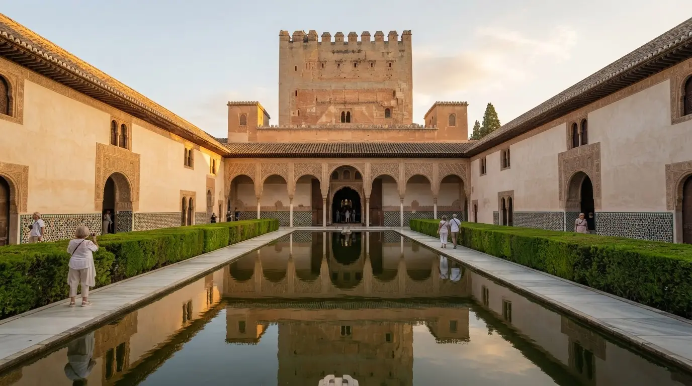 Exterior view of the Comares Tower rising above the Court of the Myrtles at the Alhambra Granada, the massive square tower reflected in the long rectangular pool, late afternoon light, Alhambra rooms history political meaning