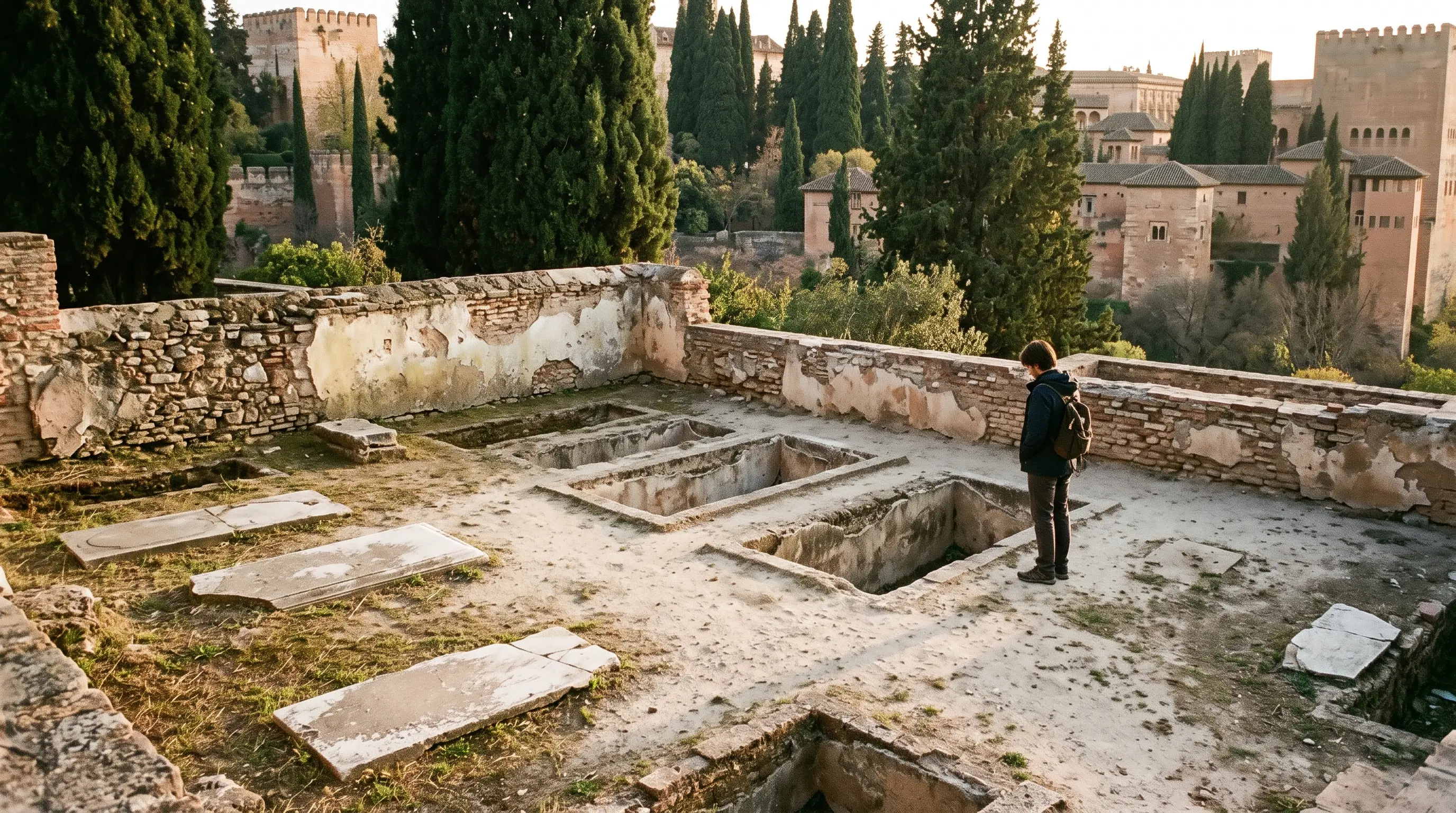 Excavated Alhambra Rawda, the Nasrid tombs of the royal cemetery, empty trapezoid graves in a walled garden beside Calle Real Baja at dusk, Granada