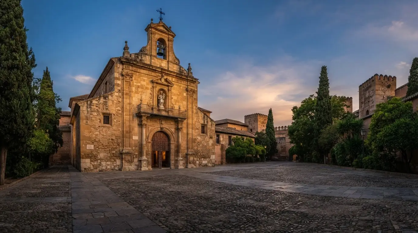 Present-day exterior of Santa María de la Alhambra on the former Alhambra royal mosque site, warm stone walls and bell tower seen from Calle Real in late afternoon light