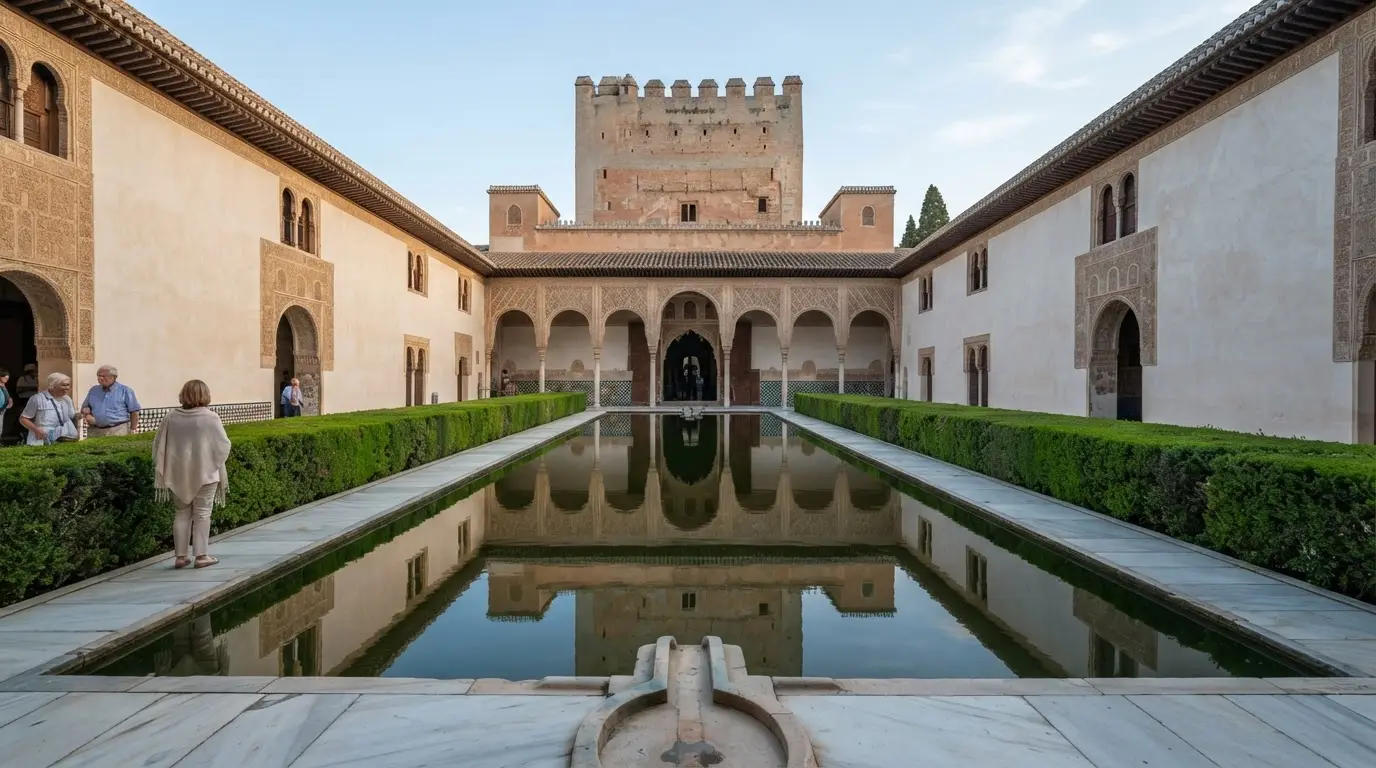 The Court of the Myrtles reflecting pool in the Nasrid Palaces, Alhambra, Granada, a central element of the alhambra water system with the Comares Tower reflected in still water