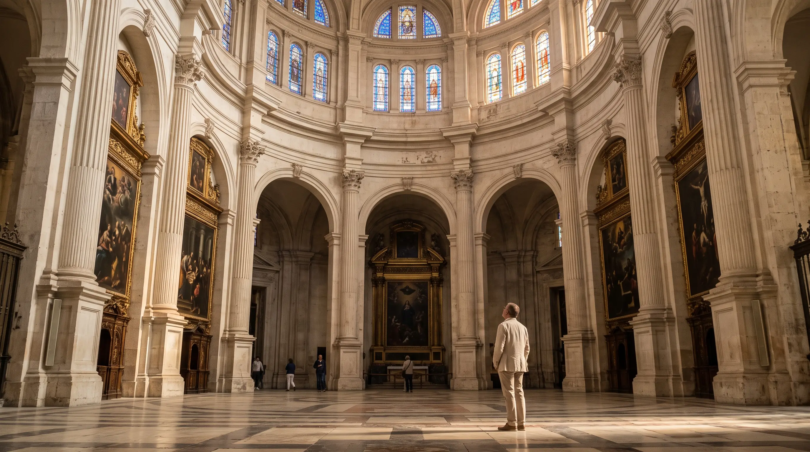 Alonso Cano in Granada: the circular Capilla Mayor of Granada Cathedral in late afternoon light, large Baroque canvases on the life of the Virgin set between pale pilasters beneath the blue and gold dome