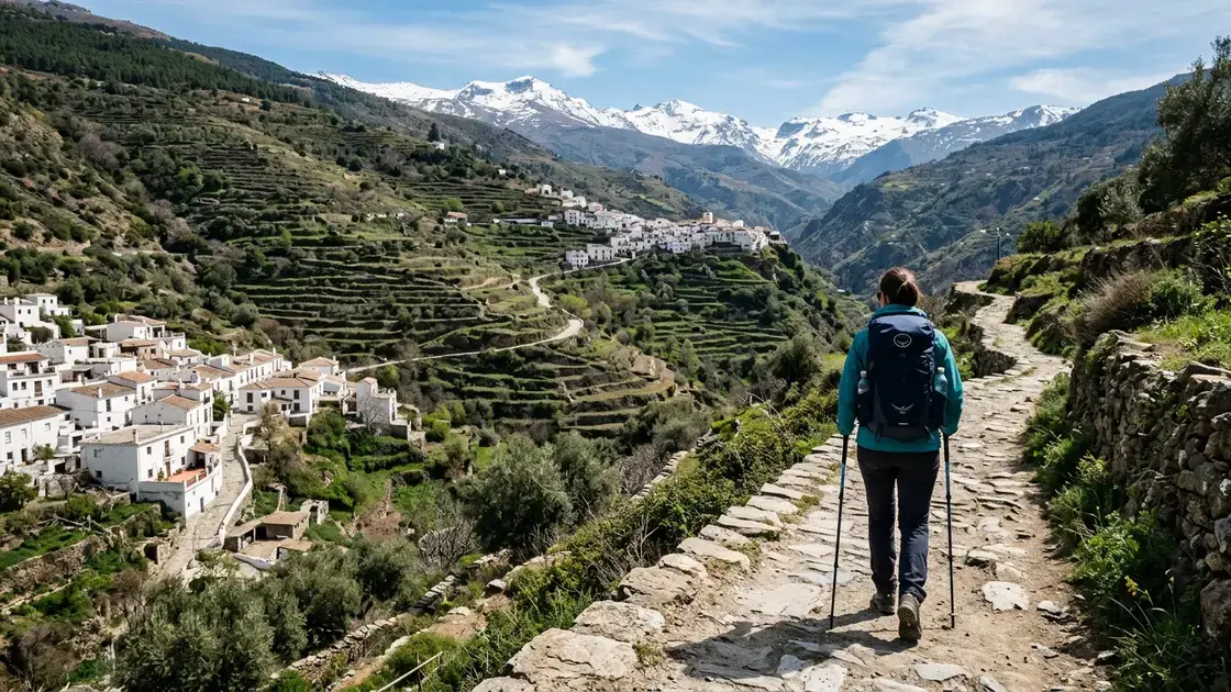 Hiker on a stone path between the white village of Pampaneira and Capileira in the Poqueira gorge, Alpujarras, with terraced hillsides and Sierra Nevada peaks behind