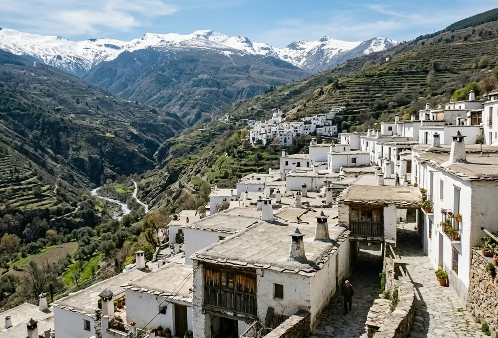 White-walled village of Bubión in the Alpujarras above Granada, flat launa-sealed rooftop terraces and tinao covered street passages on a steep Sierra Nevada hillside at midday, illustrating Alpujarras Morisco villages history architecture