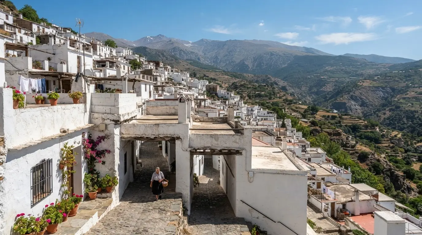 White-walled village of Bubión in the Alpujarras above Granada, flat launa-sealed rooftop terraces and tinao covered street passages on a steep Sierra Nevada hillside at midday, illustrating Alpujarras Morisco villages history architecture