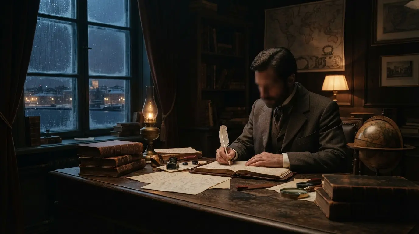 A 19th-century diplomat's writing desk by a frosted window in Riga, a pen resting on unfinished pages beside a small dish of Granada pomegranates, evoking Ángel Ganivet's exile between Spain and the Baltic