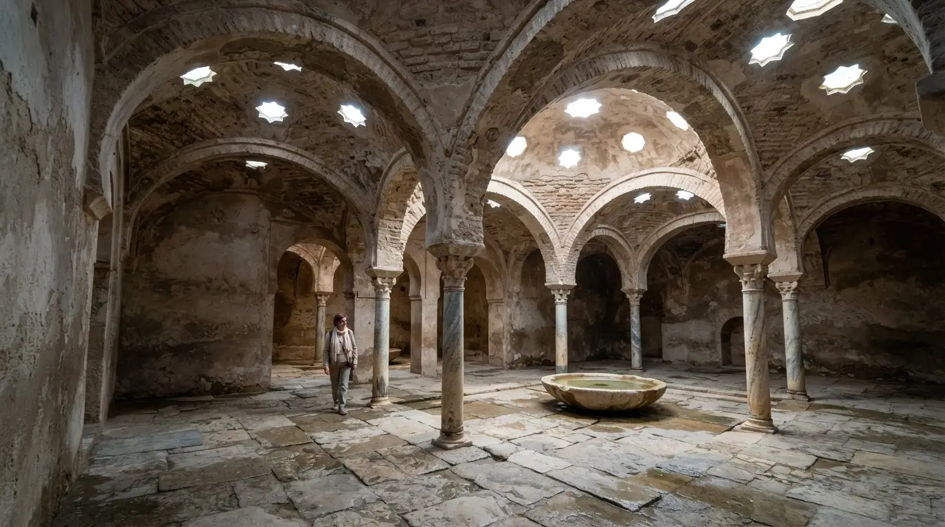 Interior of El Bañuelo Arab bath in Granada with star-shaped skylights illuminating the vaulted stone ceiling of the warm room, ancient marble columns and stone floor visible