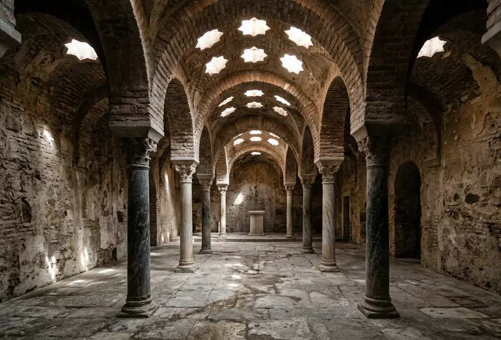Interior of El Bañuelo Arab bath in Granada with star-shaped skylights illuminating the vaulted stone ceiling of the warm room, ancient marble columns and stone floor visible