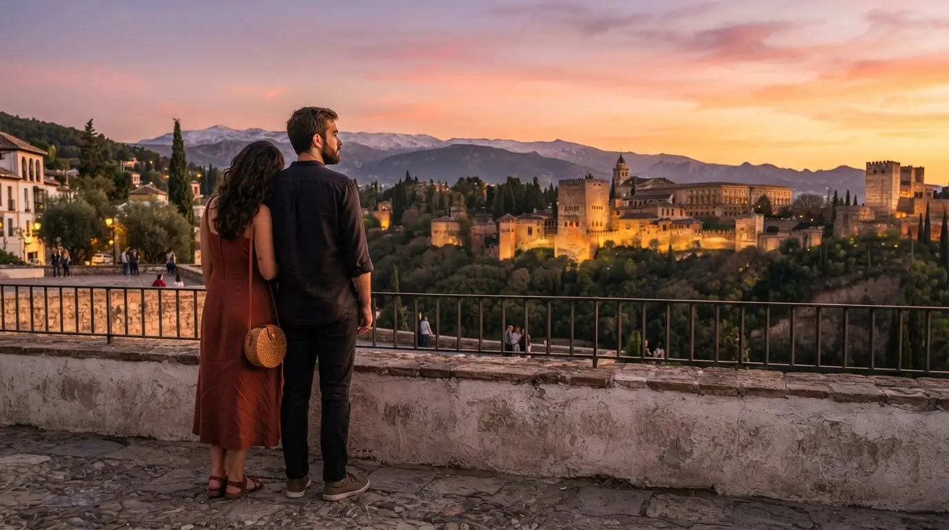 Couple watching the sunset over the Alhambra from Mirador de San Nicolas in the Albaicin, Granada