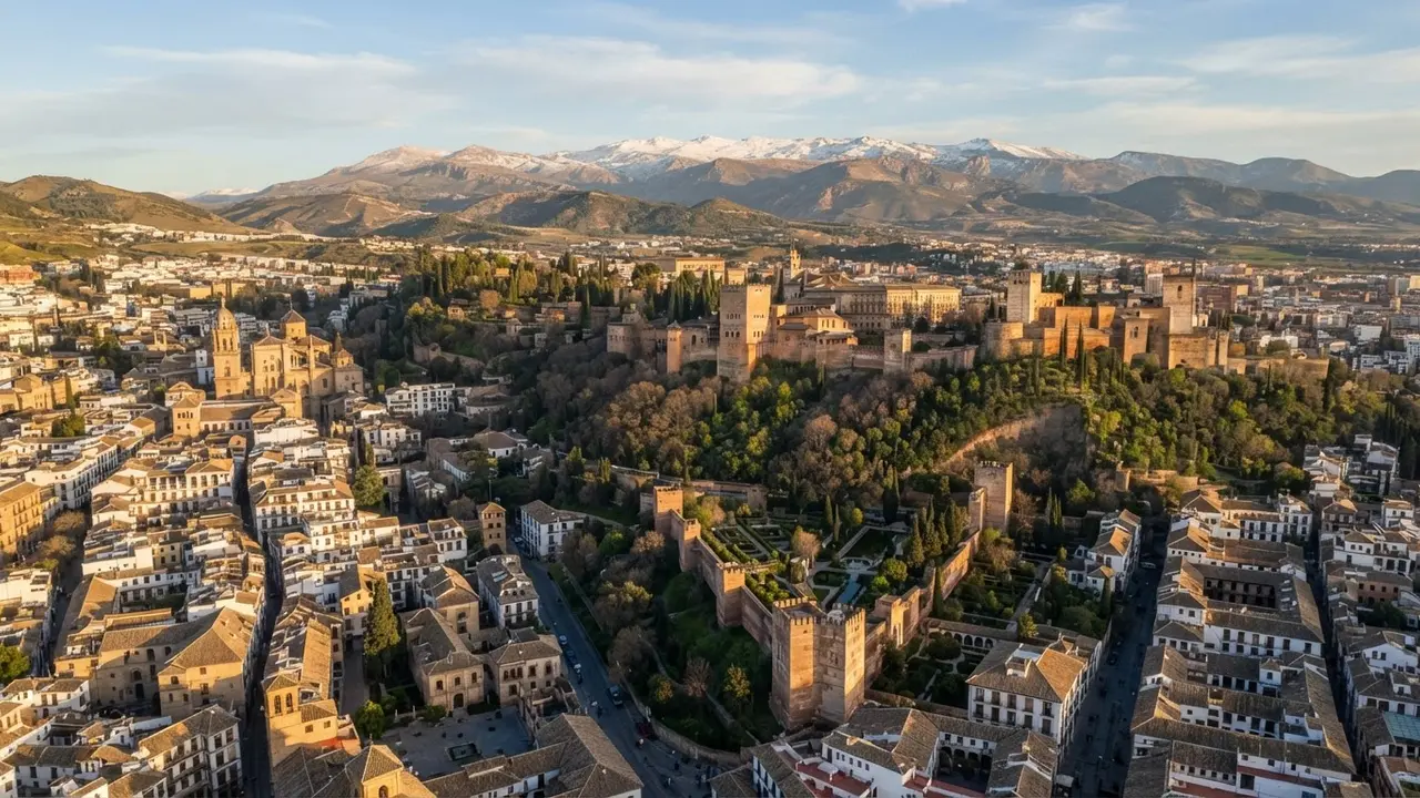 Aerial view of Granada with the Alhambra palace and the Sierra Nevada mountains behind, at late afternoon light