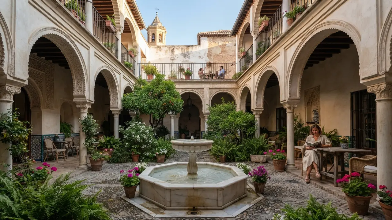 Courtyard of a boutique hotel in Granada's Albaicín with Moorish arched galleries and a central marble fountain