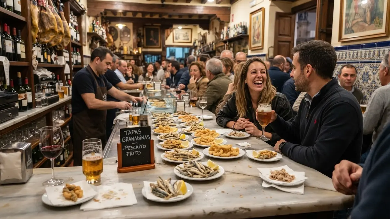 Busy tapas bar counter in Granada's Centro district, plates of fried fish and wine glasses on a marble bar