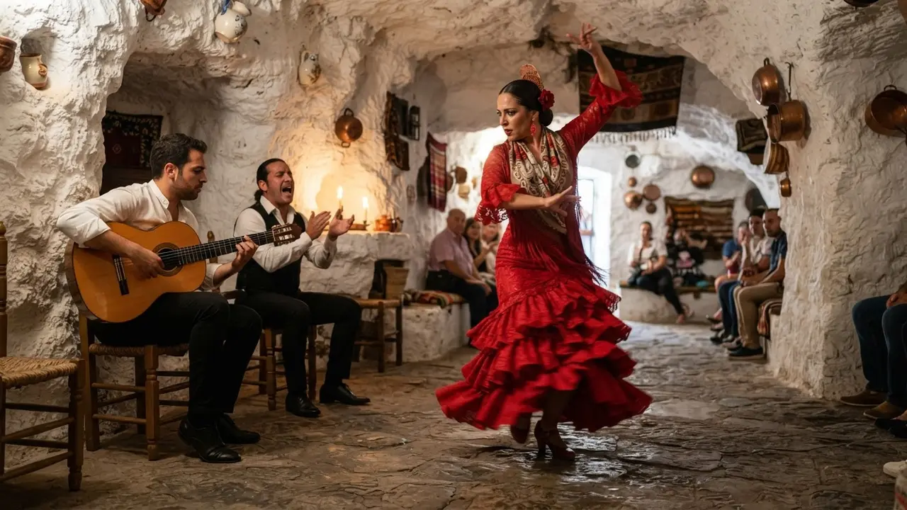 Flamenco dancer performing zambra in a whitewashed limestone cave in Sacromonte, Granada, with guitarist and singer beside her