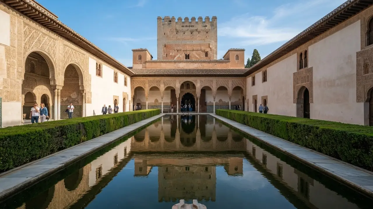 Best Granada sites for history lovers: the Patio de los Arrayanes in the Nasrid Palaces with its long reflecting pool flanked by myrtle hedges and the Torre de Comares rising beyond