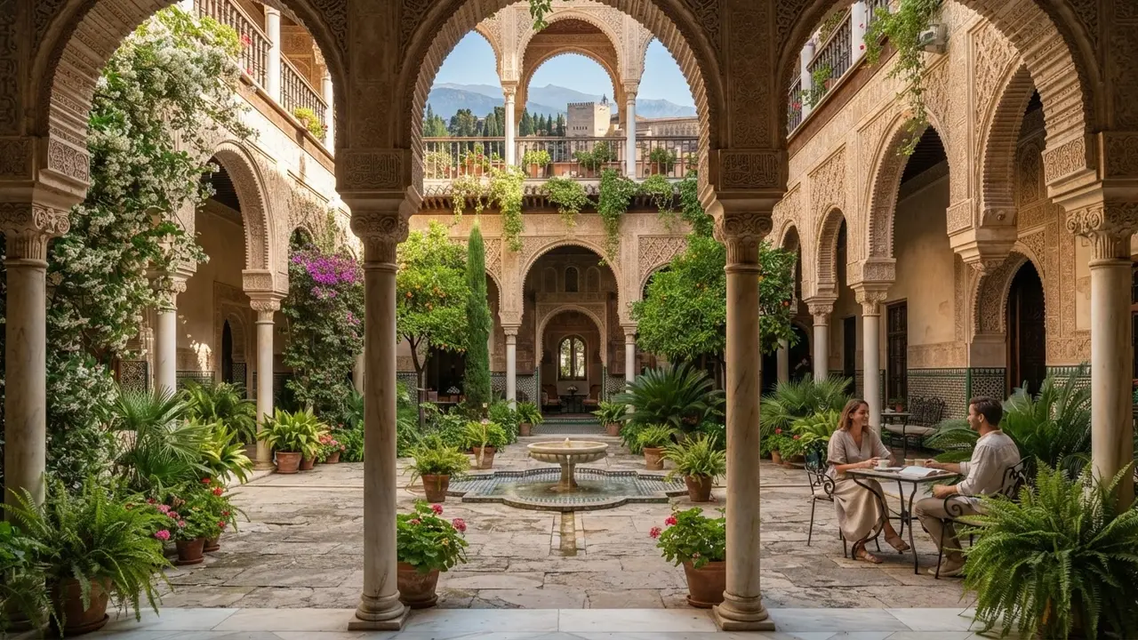 Interior courtyard of a historic palace hotel in Granada with Moorish arches, stone columns and flowering jasmine