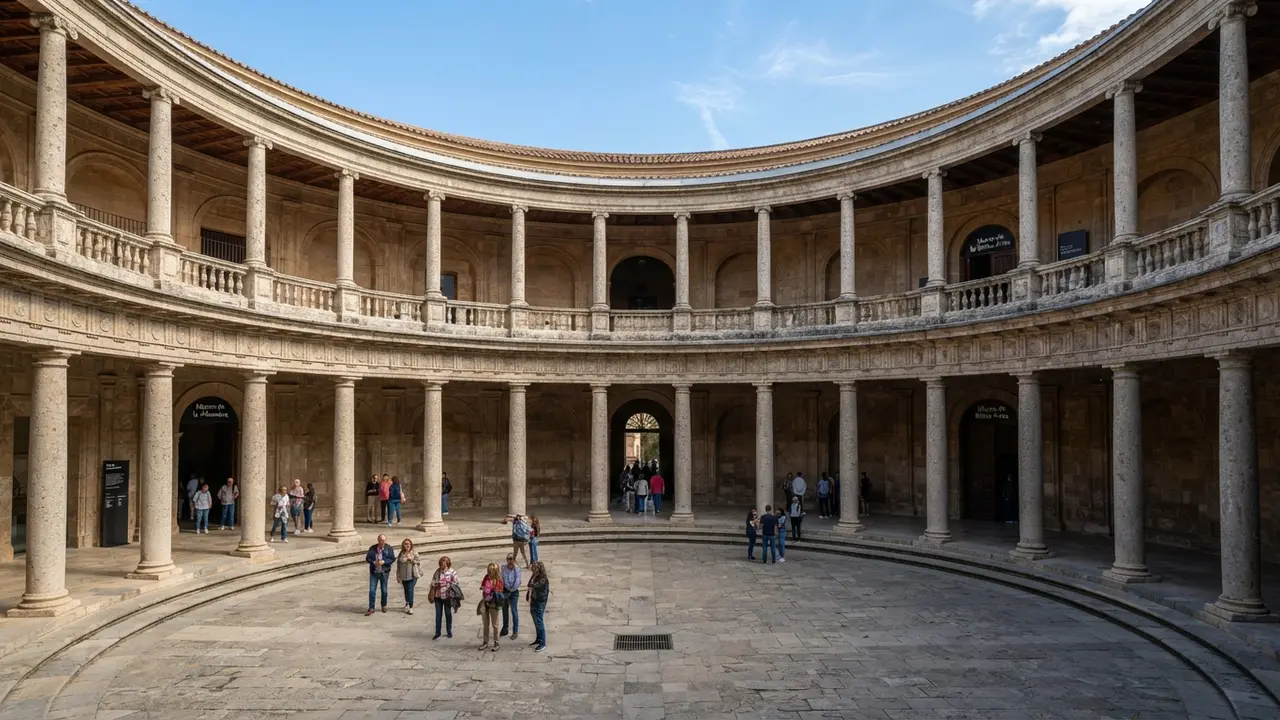 The circular Renaissance courtyard of the Palacio de Carlos V inside the Alhambra complex in Granada, housing two free museums