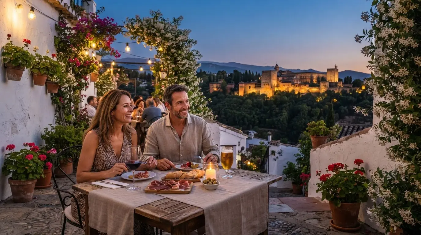 Terrace dining in Granada's Albaicín neighbourhood with whitewashed walls, jasmine flowers, and views toward the Alhambra at dusk