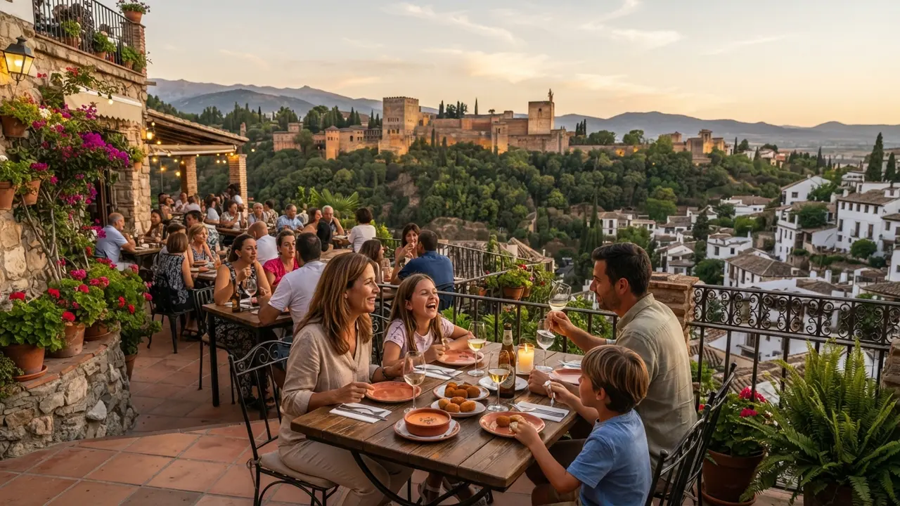 Terrace dining at El Huerto de Juan Ranas in the Albaicín, Alhambra visible across the Darro valley, families at outdoor tables
