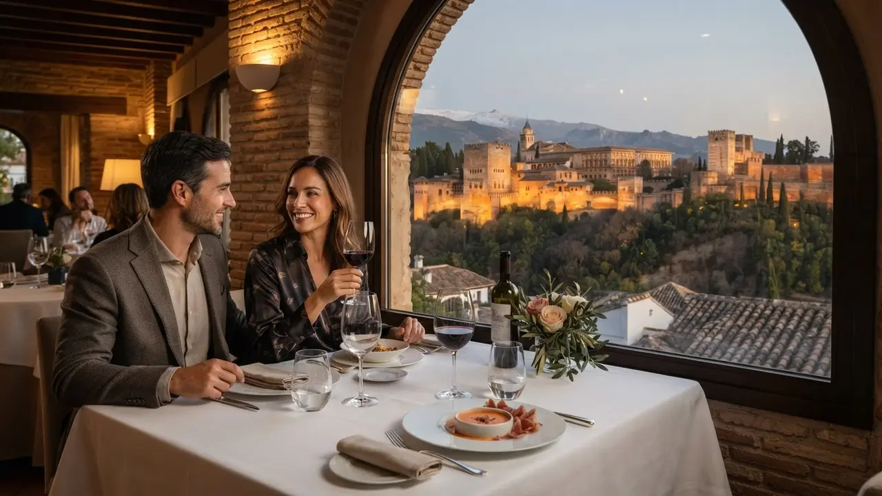 Fine dining table at a Granada restaurant with Alhambra view through the window at golden hour