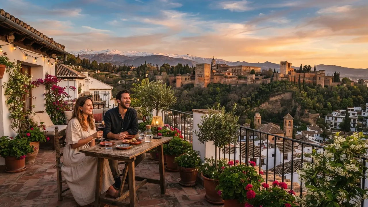 Rooftop terrace in Granada's Albaicín neighbourhood with direct views of the Alhambra and Sierra Nevada at sunset
