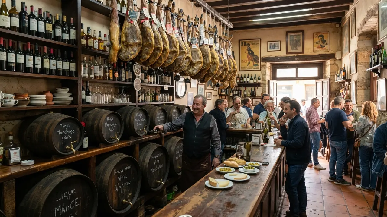 Interior of Bodegas Castañeda in Granada with hanging jamón ibérico and wine barrels at the counter