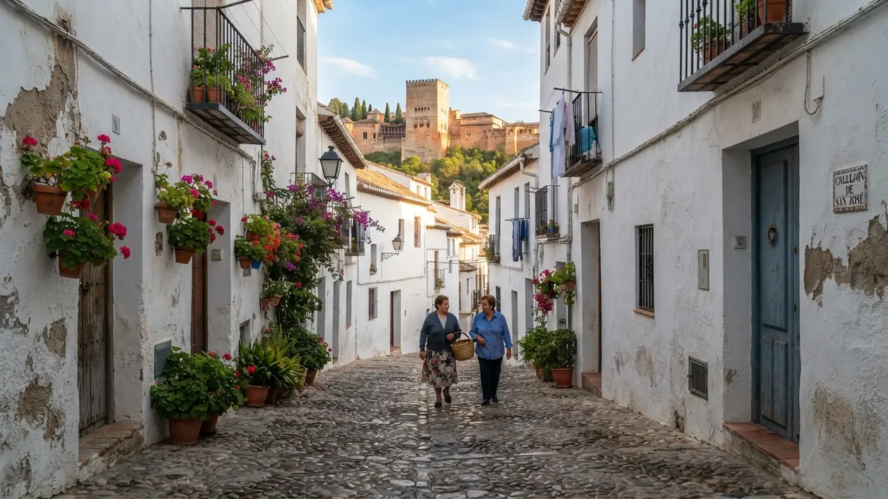 Whitewashed cobblestone alley in the Albaicín neighbourhood of Granada with the Alhambra walls visible in the background