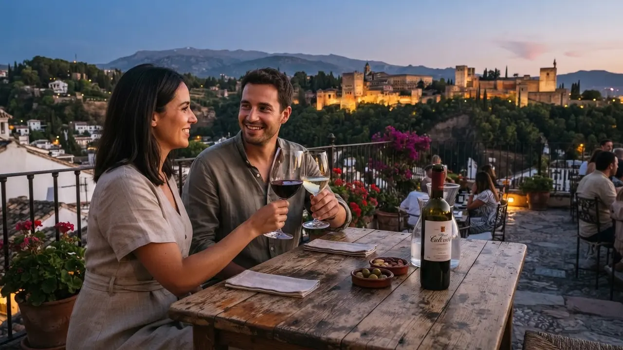 Wine glasses on a terrace in Granada with the Alhambra visible in the background at dusk