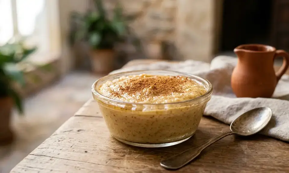 Bienmesabe granadino — thick almond cream dessert in a small glass bowl with cinnamon dusting, Granada convent sweet