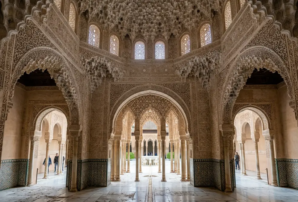 Interior of the Alhambra's Nasrid Palaces, Granada — ornate muqarnas ceiling and horseshoe arches, the palace handed over by Boabdil, last Moorish king, in 1492