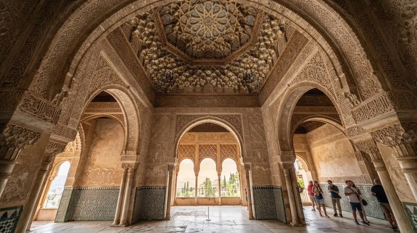 Interior of the Alhambra's Nasrid Palaces, Granada — ornate muqarnas ceiling and horseshoe arches, the palace handed over by Boabdil, last Moorish king, in 1492