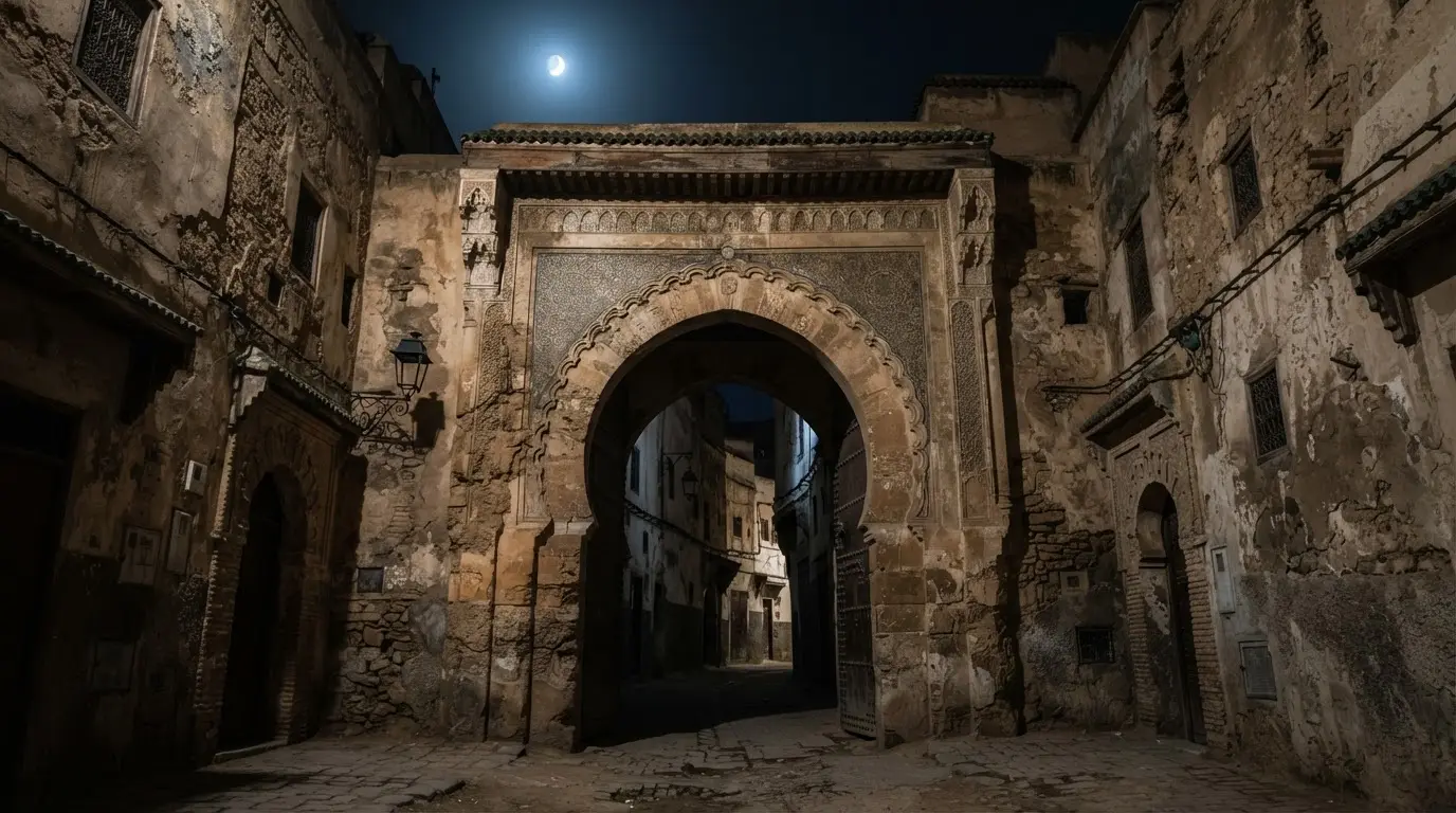 A weathered domed shrine beside an old sandstone gate in Fez's medina wall, warm late-afternoon light, cypress trees, no modern signage, evoking Boabdil's lost tomb