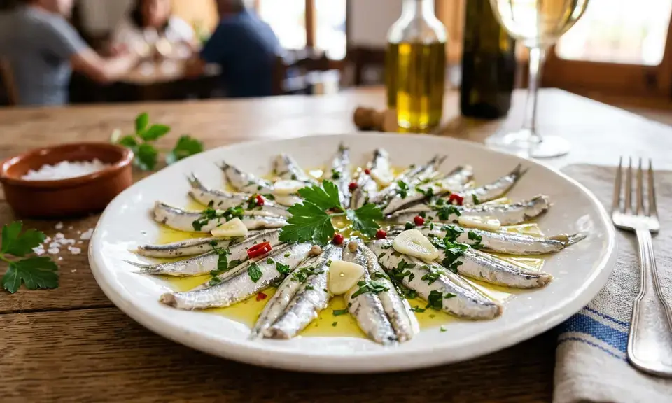 Fresh anchovies from Granada's Costa Tropical served as marinated boquerones en vinagre with olive oil, garlic and parsley